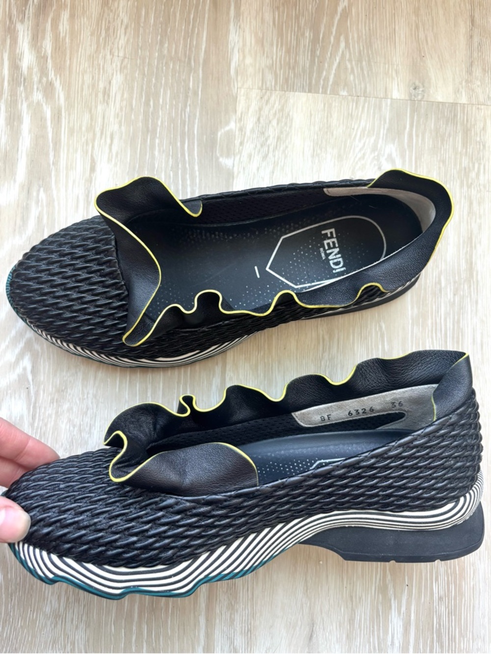 Fendi Ruffle Trim Nappa Leather Slip-On Sneakers - Black with Yellow Piping - Picture 6 of 10
